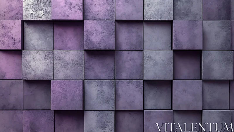 Layered violet cubes create a textured geometric wall surface.