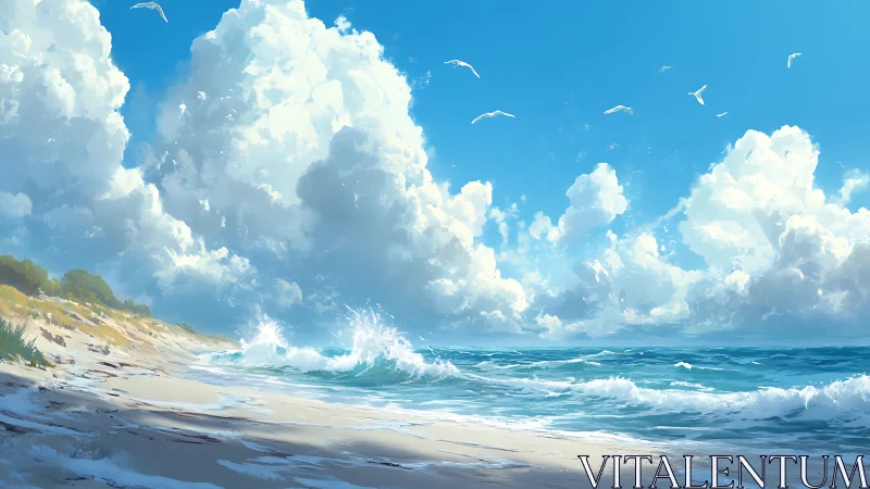 Sunlit shoreline meets towering clouds in tranquil seascape.