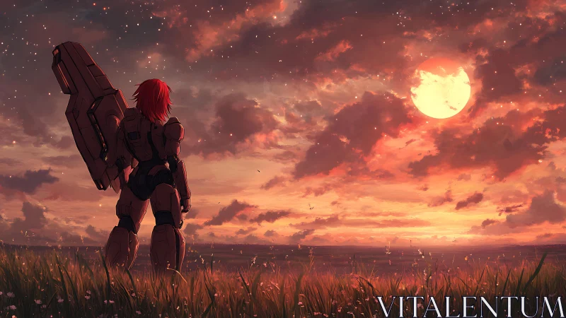 Armored sentinel watching blazing sunset battlefield sky.