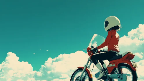 Helmeted rider studies cloud horizon from vintage red moped