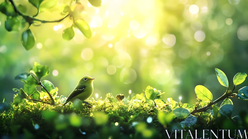 Small bird in sunlit forest with dreamy bokeh, vibrant nature scene.