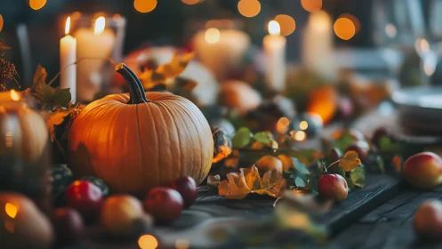 Warm autumn still life with pumpkin and candlelit tablescape.