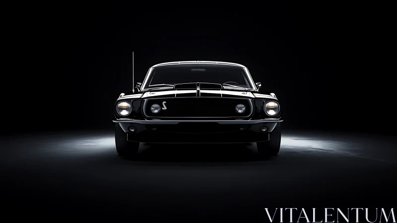 Midnight muscle coupe glaring through sculpted studio darkness.