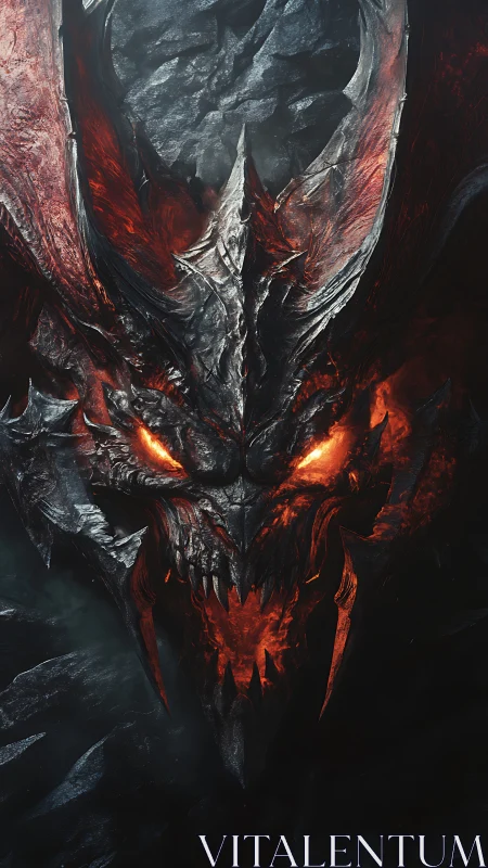 Demonic molten skull erupts from darkness with blazing eyes