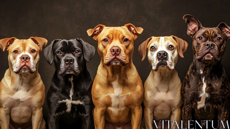 Five expressive pit bull dogs pose in dramatic studio light.