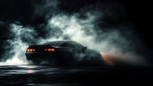 Sports car drifts on wet asphalt and disperses dense smoke