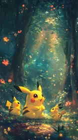 Pikachu Group in Luminescent Forest Environment