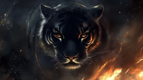 Nocturnal tiger portrait in ember-lit cosmic shadows.