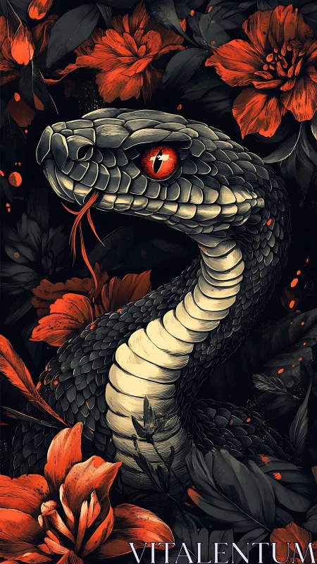 Striking serpent poised among bold crimson jungle blooms.