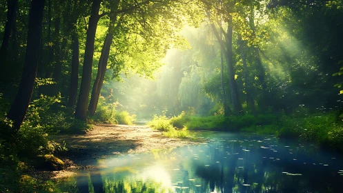 Sunlit forest stream bordered by mature deciduous trees