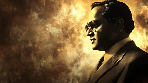 Golden profile portrait of dignified man in suit, side-lit.