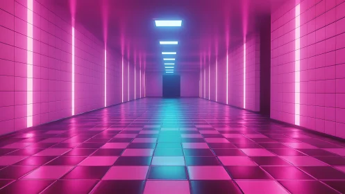 Neon corridor stretches into a candy-glow sci fi horizon