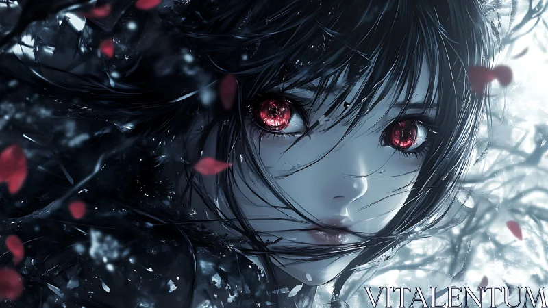 Mystical girl with crimson eyes in a swirling winter dream.