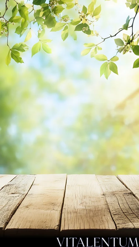 Rustic wooden tabletop under soft-focus spring foliage backdrop.