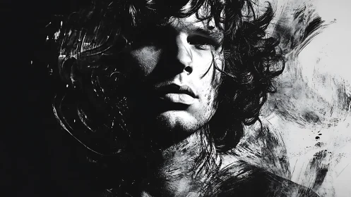 Monochrome male portrait with expressive paint strokes.