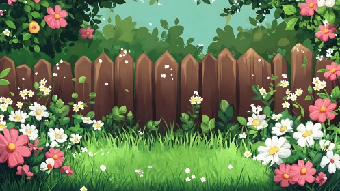 Sunlit garden fence rests behind playful daisies and blooms