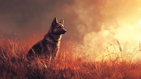 Dog sits in tall sunset grass under dramatic glowing sky