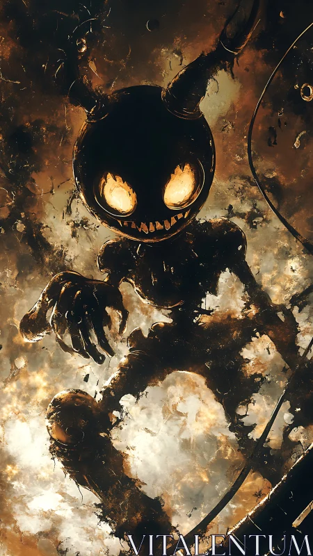 Infernal cartoon demon emerging from molten clouds below.