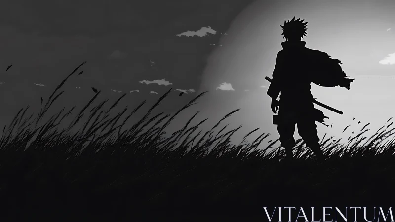 Monochrome samurai silhouette in high-contrast dusk field.