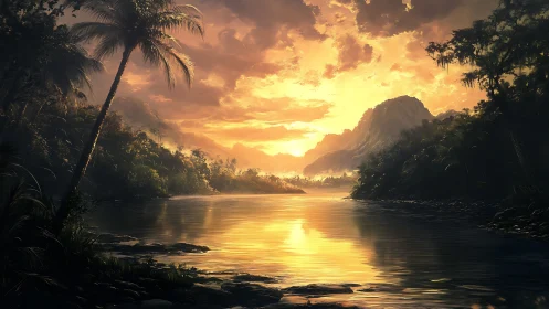 Golden sunset over tropical river and distant mountains.