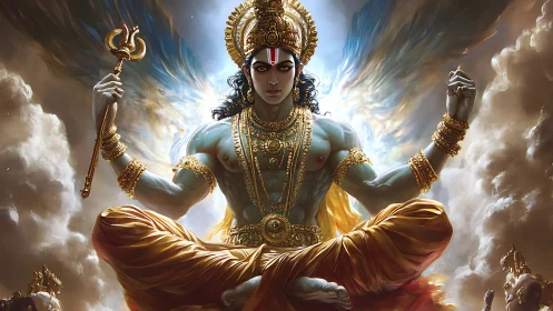 Divine warrior deity levitates within stormlit celestial clouds