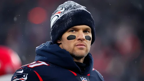 Focused football player stands in snow-dusted winter stadium