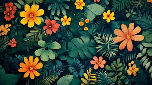 Tropical Floral Garden with Layered Botanical Composition.