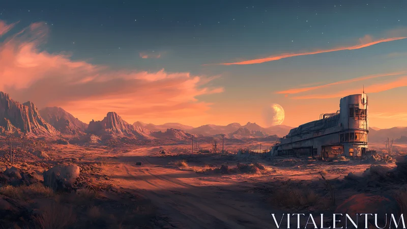 Desert exoplanet outpost under warm dusk skies panorama.