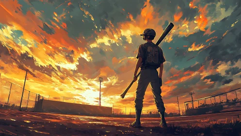 Young baseball dreamer beneath a glowing sunset sky.