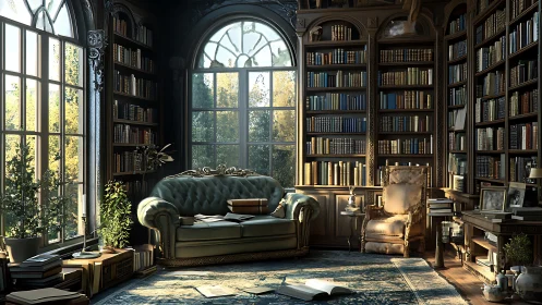 Classical home library with large windows and seating area.