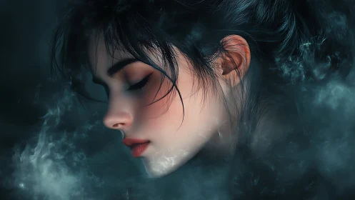 Digital painting profile portrait in atmospheric cool haze.