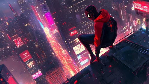 Rooftop hero resting above neon drenched futuristic city.