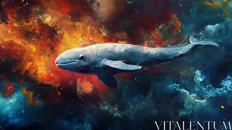 Digital painting of cosmic whale amid nebular color fields.