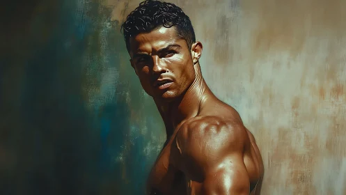 Bronzed athlete twists into light like hammered copper