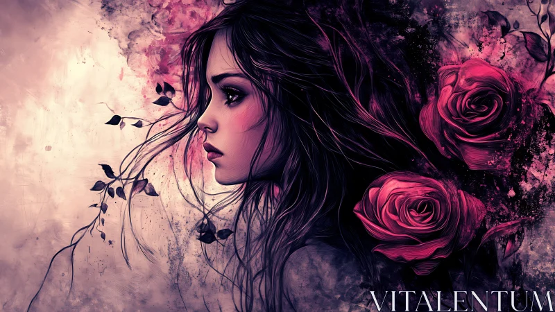 Digital painting profile portrait with baroque rose overlay.