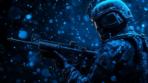 Snow covered soldier holding rifle in blue night scene.