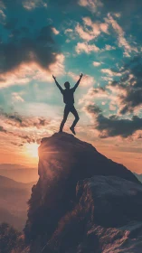 Silhouette person stands on rocky peak during vivid sunset