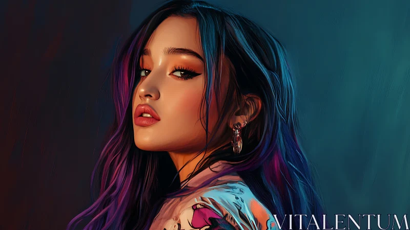 Digital portrait of woman with purple and blue hair.