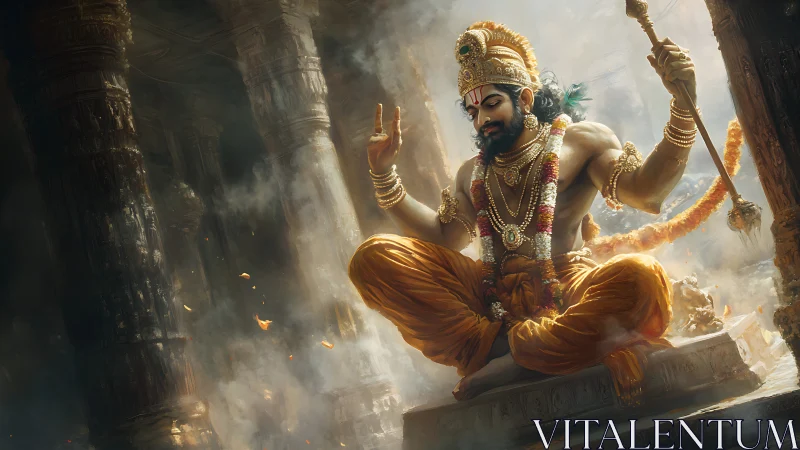 Seated warrior deity in ornate temple with smoky atmosphere.