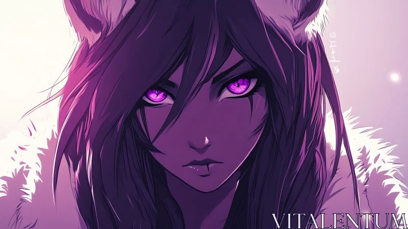Violet-eyed wolf girl portrait in dramatic rim lighting.