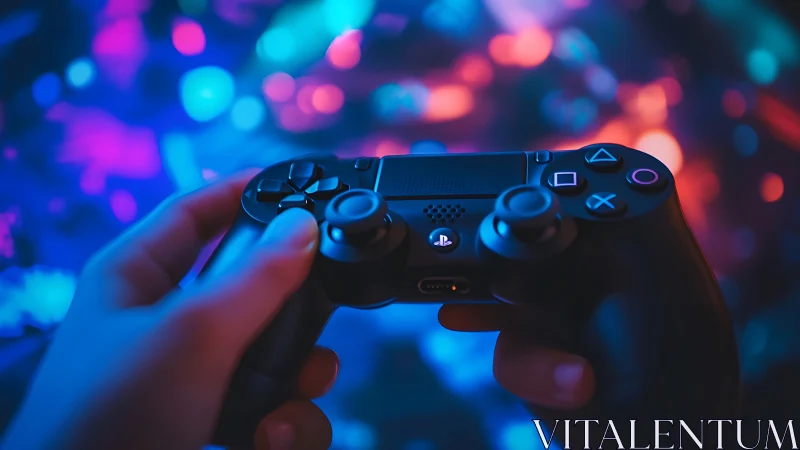 Gamer hands grip controller under neon bokeh lights.