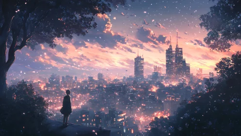 Solitary figure overlooks luminous dusk city in atmospheric anime style