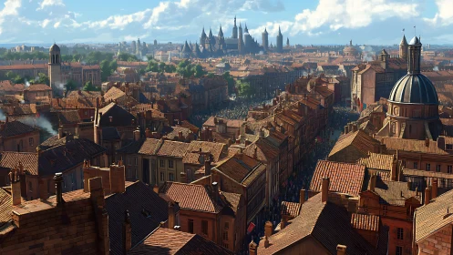 Sweeping aerial vista maps dense terracotta-roofed historic city