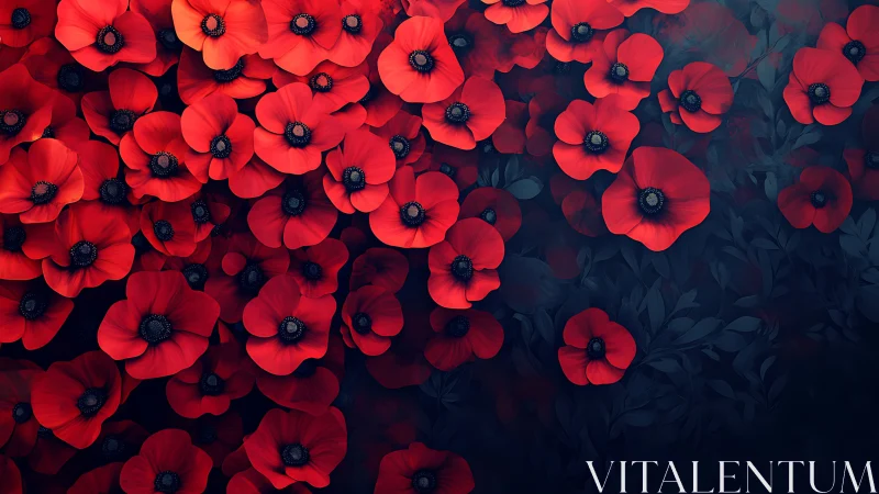 Red poppies arranged in dense composition against dark background gradient.