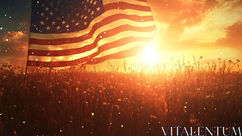 Backlit United States flag over sunlit wildflower meadow at dusk