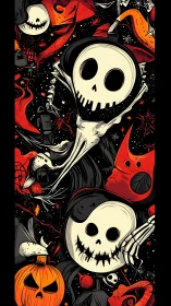 Whimsical skull spirits swirl through a chaotic Halloween night