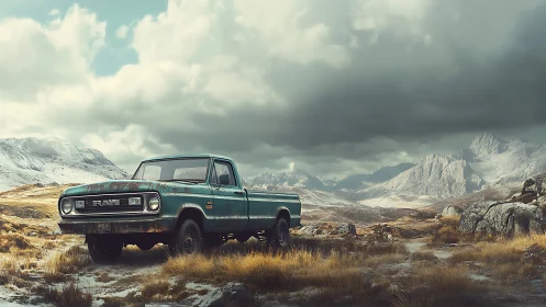 Weathered teal pickup truck stands in wide alpine valley landscape