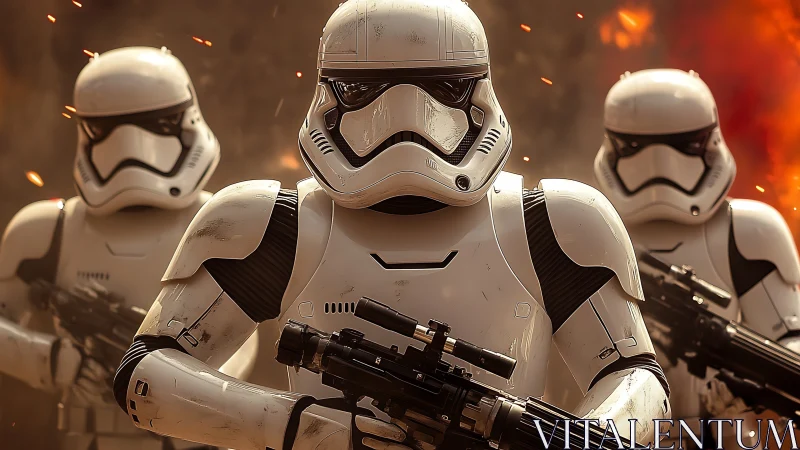 Armored sci-fi troopers advancing through explosive battlefield.