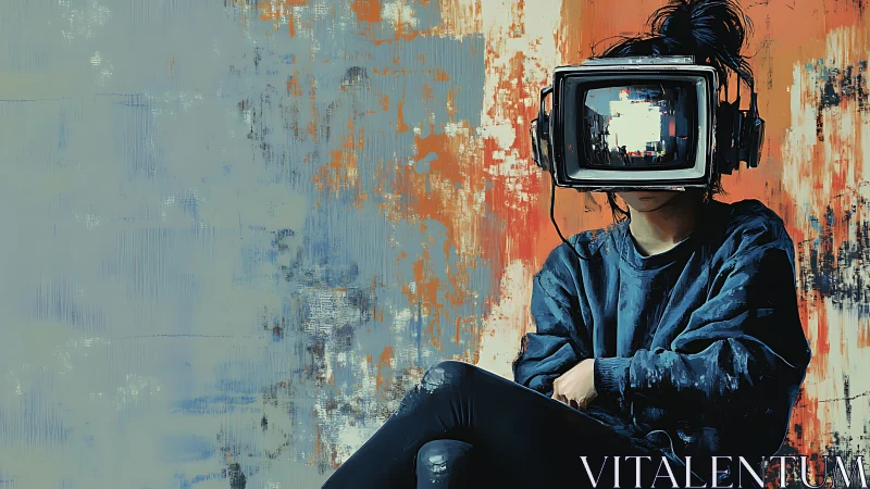 Retro CRT headset on seated figure against abstract wall