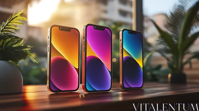Three Premium Smartphones Display Vibrant Gradient Wallpapers.